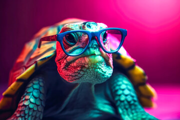Cute turtle wearing glasses. animal on summer vacation, animal illustration. Ai generative
