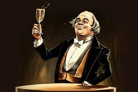 Gentleman with a glass of wine, caricature, cartoon style. Generative AI