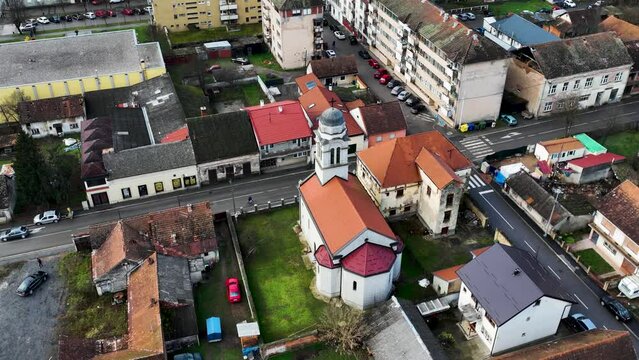 Aerial view of Glina, a small town with residential districts in central Croatia.