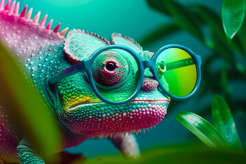 Cute chameleon wearing glasses. animal on summer vacation, animal illustration. Ai generative