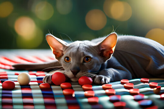 Cute gray sphinks cat sleeps on fur white blanket