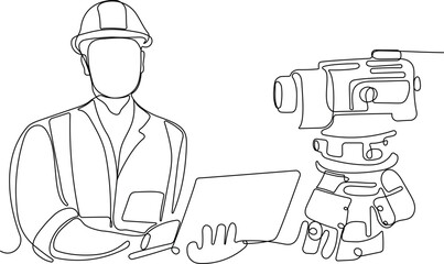 Close up of Caucasian worker with helmet on head using tablet for work while standing in warehouse. Surveyor with a tripod icon. Geodesic tripod. Vector illustration