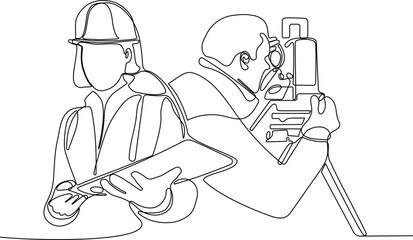 Fototapeta na wymiar Close up of Caucasian worker with helmet on head using tablet for work while standing in warehouse. Surveyor with a tripod icon. Geodesic tripod. Vector illustration