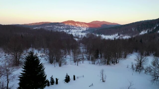 Aerial view of mountain landscape with snow in wintertime, Mrkopalj, Gorski Kotar, Croatia.