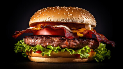 Macro view of an hamburger with salad and bacon. Photo for the restaurant menu