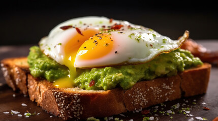 Toast with guacamole and fried egg. Photo for the restaurant menu