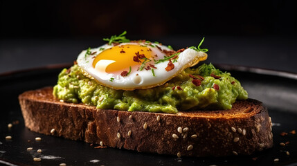 Toast with guacamole and fried egg. Photo for the restaurant menu