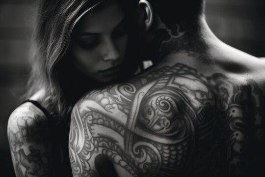 A man and a woman with tattoos on their backs. Generative AI image.