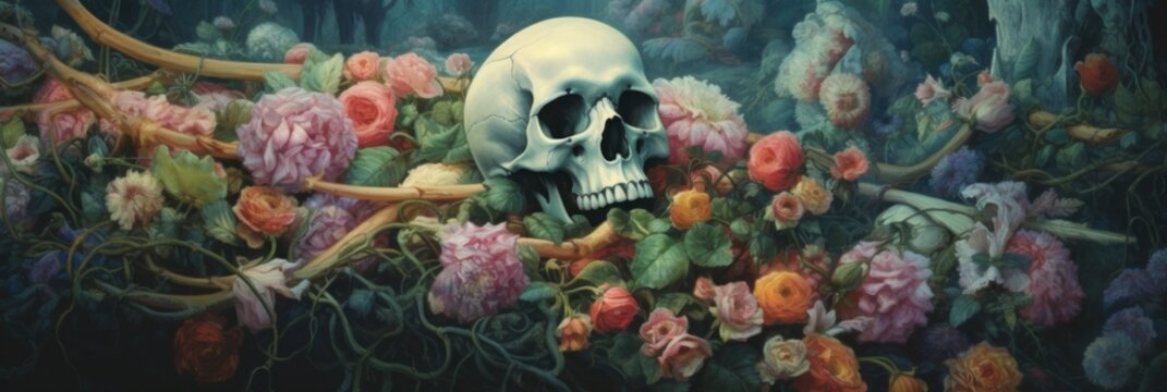 A painting of a skull surrounded by flowers. Generative AI image.
