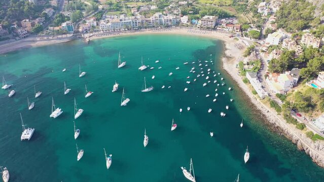 Aerial view of sailing boats anchored in a bay at Port de Soller, Mallorca, Balearic Islands, Spain.