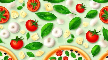 Generative AI Italian pasta, cherry tomatoes, garlic and basil, seamless vector pattern