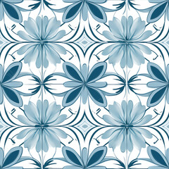Fototapeta premium Generative AI Seamless pattern with blue floral ornament, oriental style background