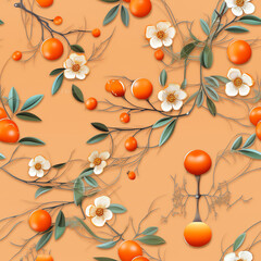 Generative AI Mandarin floral pattern. Hand drawn tree branches with ripe tangerins, leaves and flowers on pink background. Vector illustration