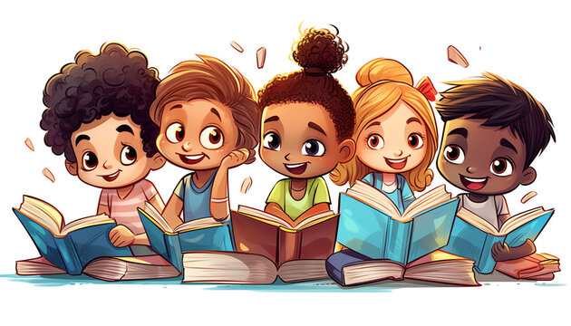 Generative AI Children reading books, little boys and girls of different nationalities. Vector illustration in flat cartoon style