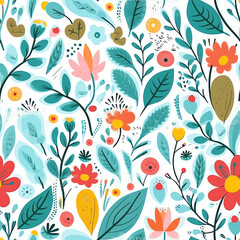 Generative AI Spring flowers and leaves seamless pattern - different types of flowers and leaves, illustration design template