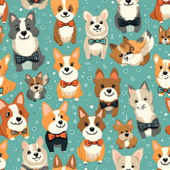 Fototapeta premium Generative AI Cute pets pattern with different dogs. Vector illustration in flat style