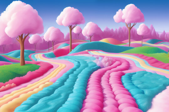 A dreamy landscape of pastel colors, with candy-inspired shapes and fluffy clouds. An inviting and imaginative world of comfort and joy. Colorful, airy, fantasy concept created with generative AI.