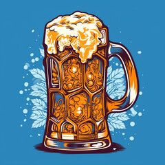Generative AI Oktoberfest beer festival - vector illustration with a beer glass close-up and a Bavarian flag.