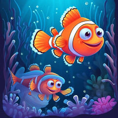 Fototapeta na wymiar Generative AI Sea animals with landscape - cute cartoon illustration of clown fish