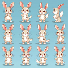 Generative AI Easter bunny - character set in different poses, festive template, cute cartoon design.