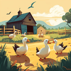 Generative AI Farm animals with landscape - cute cartoon vector illustration with duck and duckling