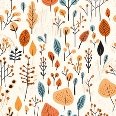 Generative AI Autumn hand drawn seamless pattern with seasonal elements on white background. Cute vector illustration in flat style