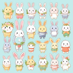Generative AI Easter bunny trendy set. Minimalist holiday characters, cute stylized rabbits, vector illustration for prints or greeting cards