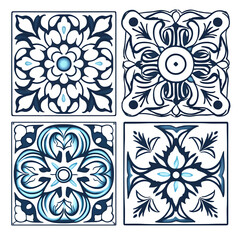 Generative AI Portuguese traditional ornate azulejo, 4 different types of tile, seamless vector pattern in blue and white colors