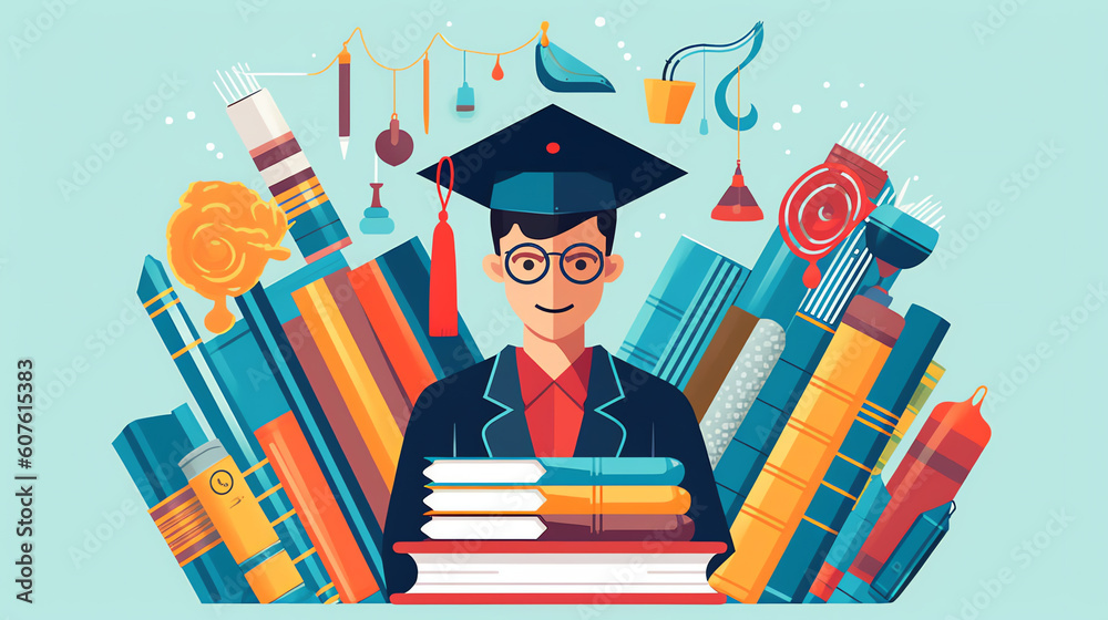 Aufkleber generative ai studying boy - vector illustration with young student with a computer, many books and 