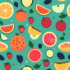 Generative AI Summer fruits pattern. Cute watermelon, pineapple, lemon, leaves. Hand drawn flat cartoon elements. Vector illustration