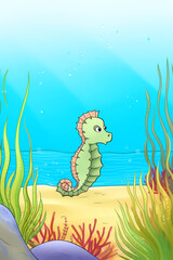 Fototapeta premium Generative AI Sea animals with landscape - cute cartoon vector illustration of seahorse