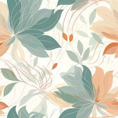Fototapeta premium Generative AI Flowers and leaves vector seamless pattern in soft blue and beige