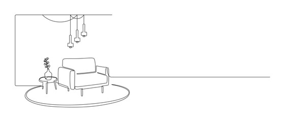 One continuous Line drawing of armchair and hanging lamps and plant on table. Stylish furniture for living and office room interior in simple linear style. Editable stroke. Vector illustration