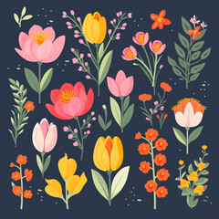 Generative AI Spring flowers and leaves - different types of flowers and leaves, illustration design template
