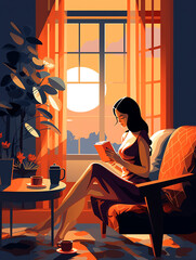 Generative AI Stay home concept. Woman reading a book in cozy modern interior. Vector illustration in flat style