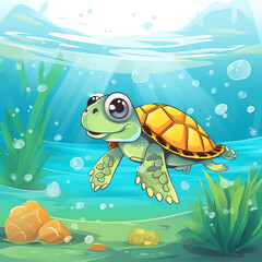 Generative AI Sea animals with landscape - cute cartoon vector illustration of turtle