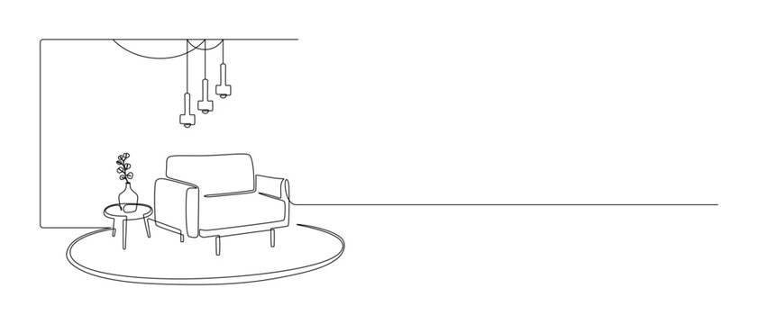 One continuous Line drawing of armchair and hanging lamps and plant on table. Stylish furniture for living and office room interior in simple linear style. Editable stroke. Vector illustration