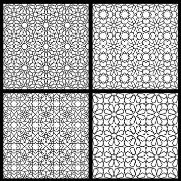 Mashrabiya arabesque arabic window islamic patterns. Arab seamless backgrounds set with vector geometric ornaments of star and floral elements. Muslim mosque window grid patterns with oriental motif