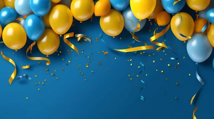 Fotobehang Generative AI Big sale with 3d balloons, realistic blue and yellow air balloons, stars and confetti on blue background. Special offer banner, shop grand opening festive concept. Vector illustration © Generative AI