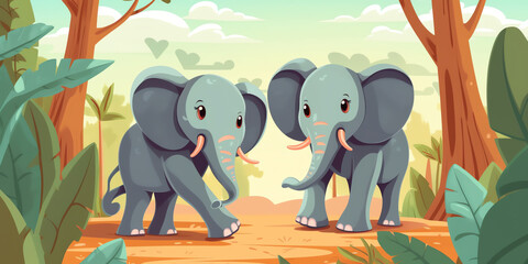Generative AI Wild animals with landscape - cute cartoon vector illustration of elephant