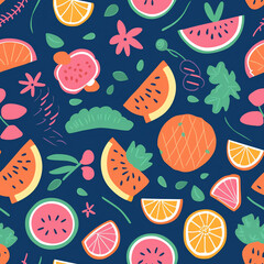 Generative AI Summer pattern - colorful seamless pattern with watermelon, lemon, leaves and flowers, vector illustration.