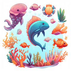 Generative AI Sea life, marine animals set with underwater landscape - seahorse, star, octopus, turtle, shark, fish, jellyfish, dolphin, crab. Cute cartoon vector illustration in flat style