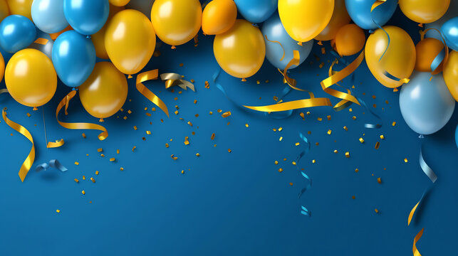 Generative AI Big sale with 3d balloons, realistic blue and yellow air balloons, stars and confetti on blue background. Special offer banner, shop grand opening festive concept. Vector illustration