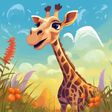 Generative AI Wild animals with landscape - cute cartoon vector illustration of giraffe