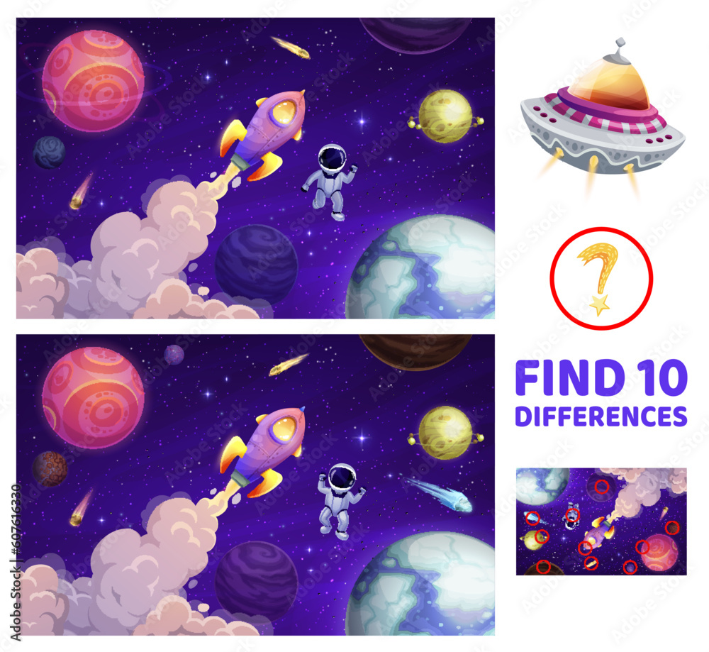 Poster kids game, find ten differences in space landscape with cartoon astronaut, rocket and galaxy planets