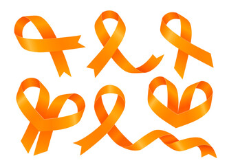 Leukemia Awareness Month. Big set of orange ribbons. Vector flat illustration isolated on white.