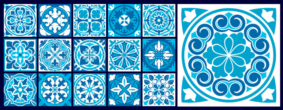 Moroccan azulejo patterns, majolica tile or Talavera and Damask vector ornament. Portuguese azulejo tile pattern backgrounds with floral mosaic ornament, Mediterranean ceramic or Moroccan patterns