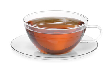 Glass cup of tea and saucer isolated on white