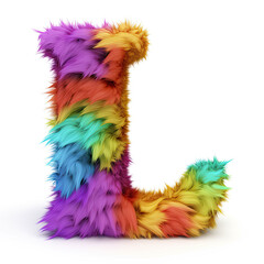 Furry letter in rainbow pride colors made of fur and feathers. Capital L