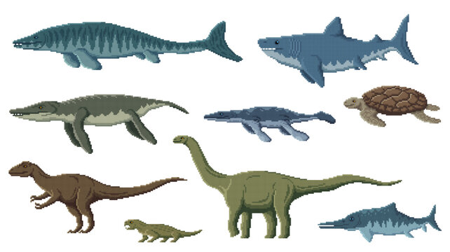 Pixel dinosaur characters. 8 bit pixel art game dino animals. Allosaurus, Vulcanodon, Hyperodapedon and Ophthalmosaurus, Tylosaurus, Archelon pixel vector reptile, aquatic dinosaur or extinct animal